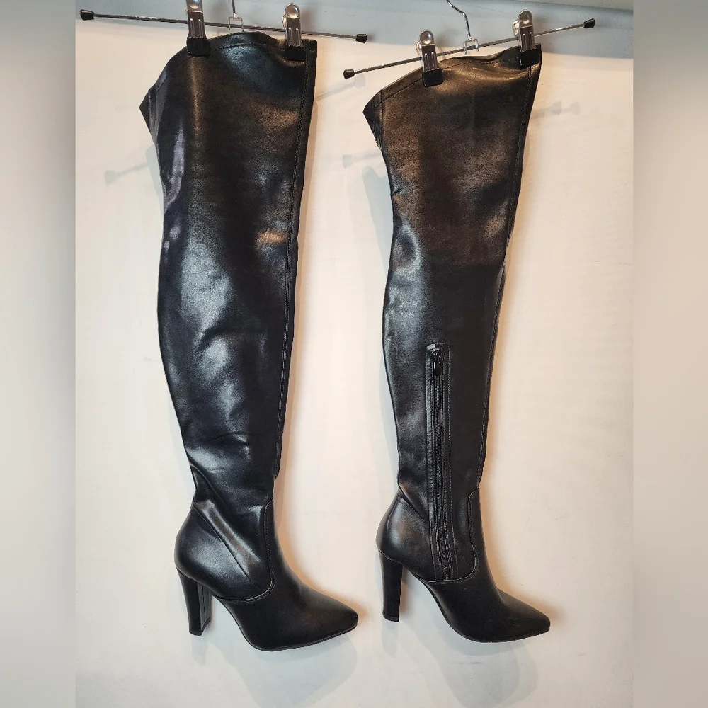 Black New Over‎ the Knee Stiletto Boots Vegan Zip Design Size 37 EU / 6.5 US